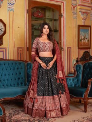 Valudi  Bandhani and Ajarakh Print Chaniya Choli (Black)